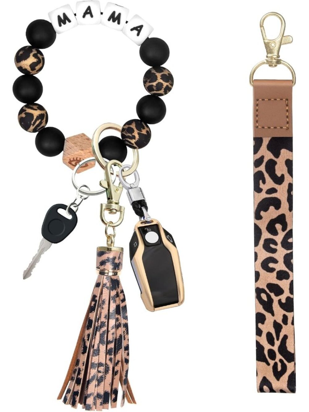 Bracelet Wristlet Keychain with Lanyard for Keys, Silicone Beaded Key Ring for W
